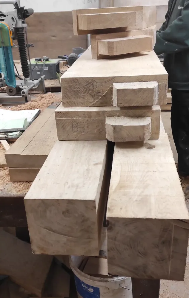 Solid oak newel posts with cut tenons in the workshop for The Counting House staircase