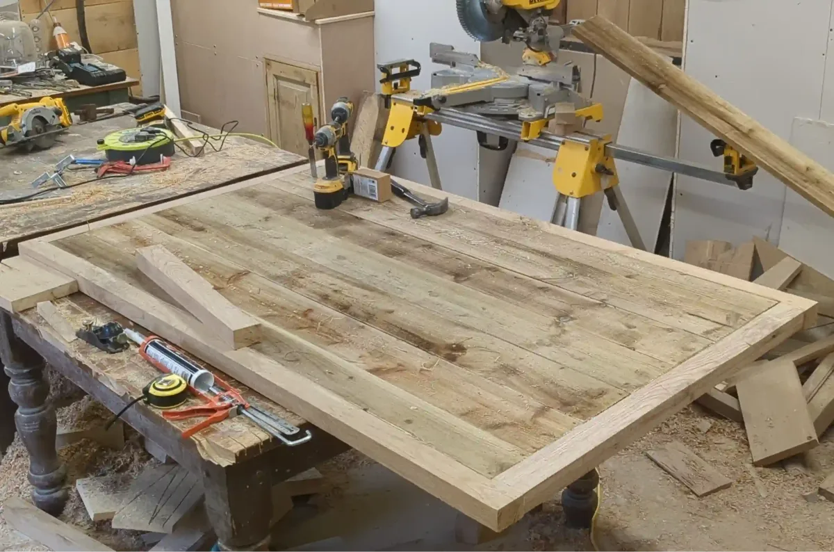 Framed oak panel being made on the bench in the Heritage Joiners workshop