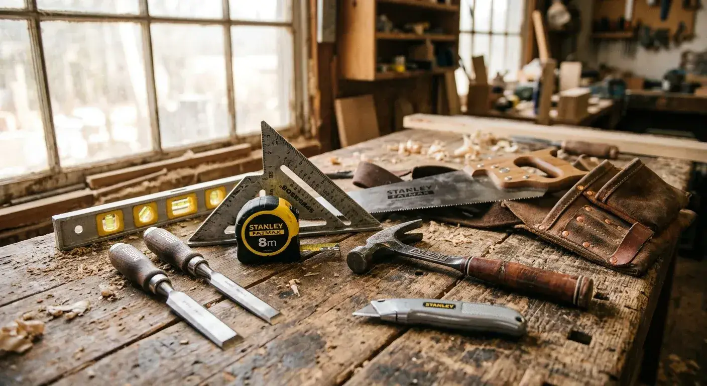 Chisels, a tape measure, speed square, spirit level, hammer and hand saw laid out on a workshop bench