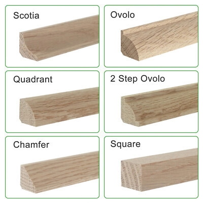 Oak beading profiles labelled scotia, ovolo, quadrant, two step ovolo, chamfer and square