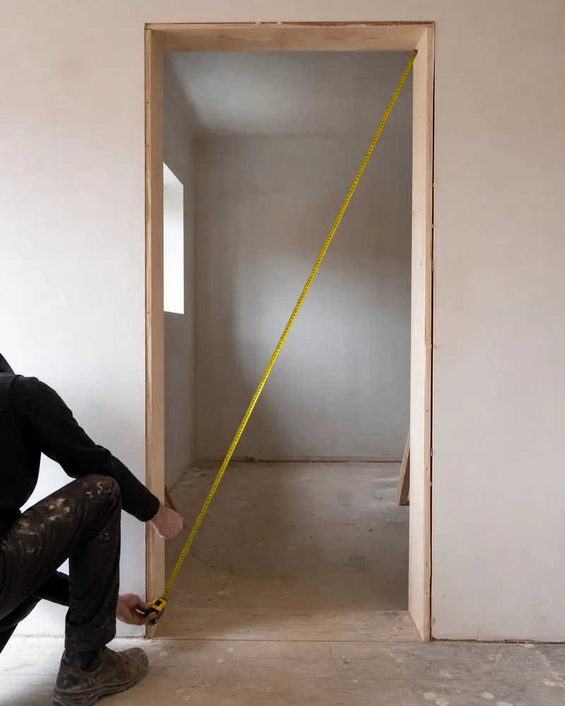 Joiner checking the diagonal of a lined door opening with a tape measure