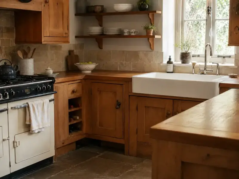 Oak kitchen cabinets and worktops with a Belfast sink