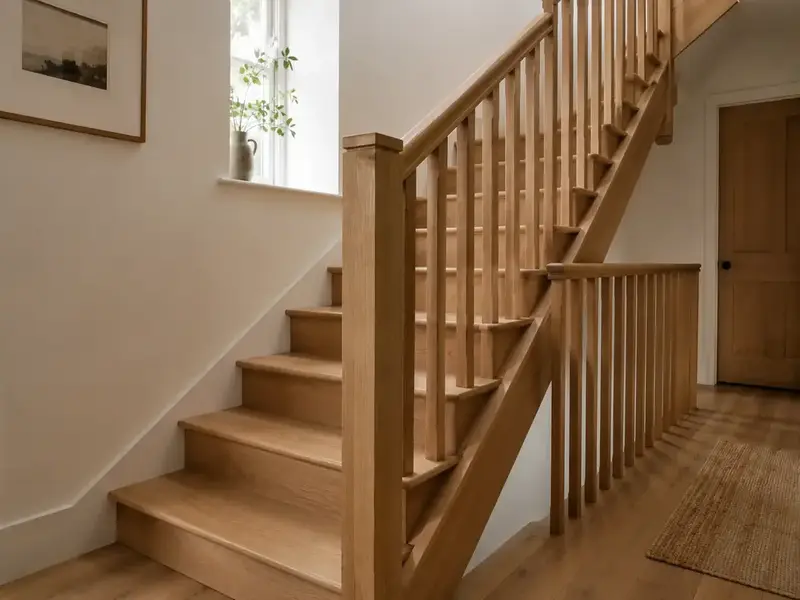Oak staircase with square spindles and newel posts