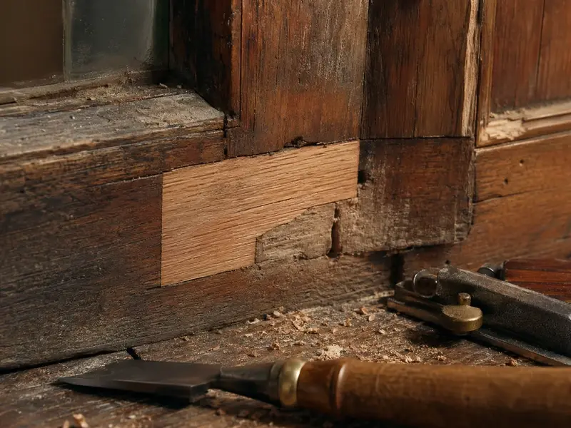 Fresh timber splice fitted into a decayed window frame