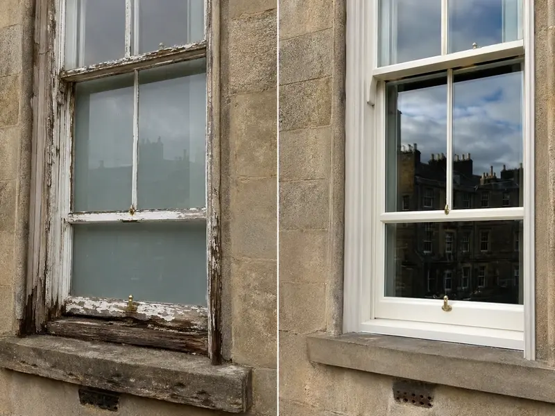 A weathered timber sash window before and after repair and repainting