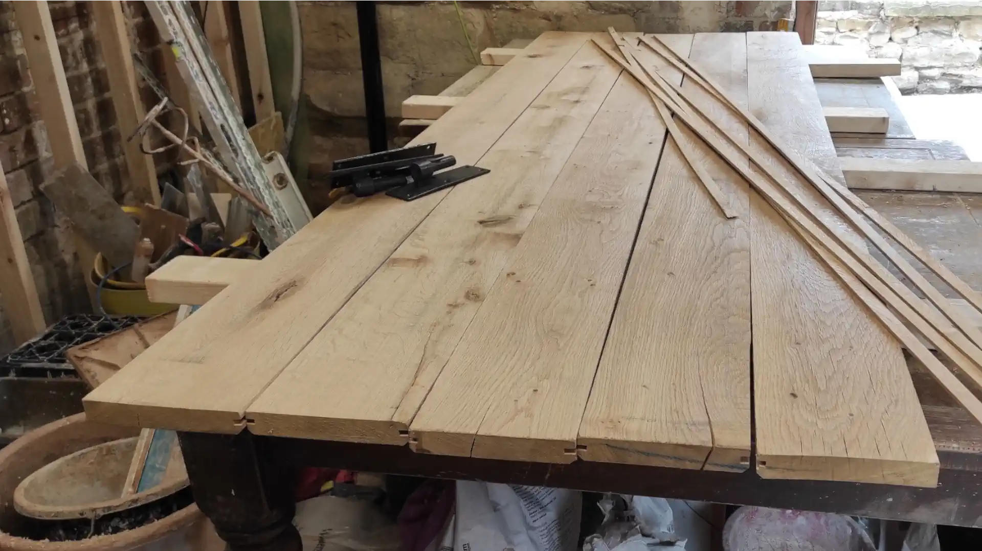 Solid oak ledged and braced door being made on the bench at The Counting House, Pontefract