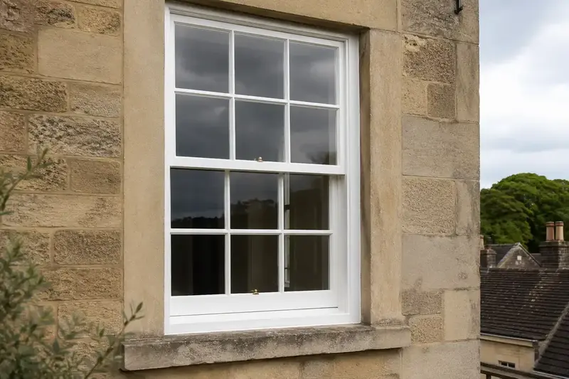 White-painted timber sash window set in a stone surround