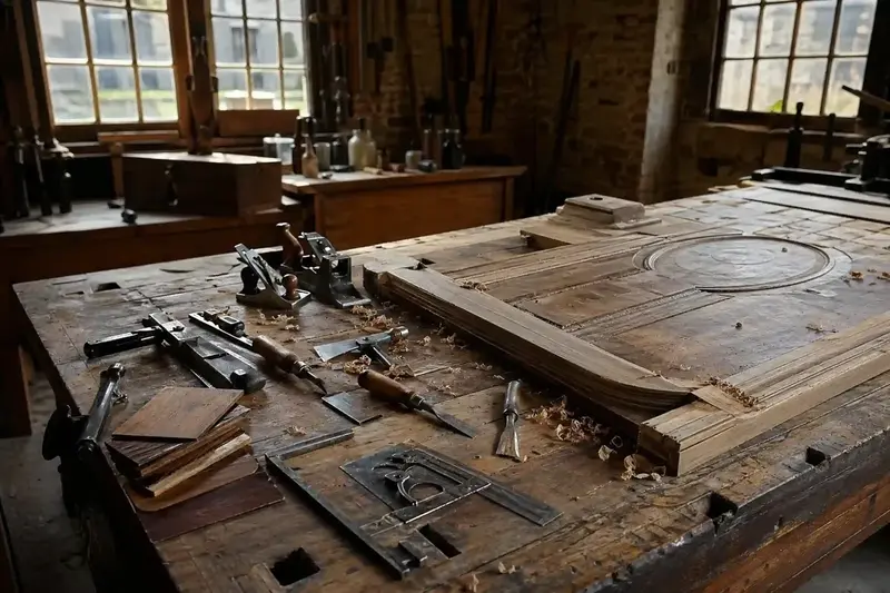 Carved timber panel laid on a workshop bench with hand tools